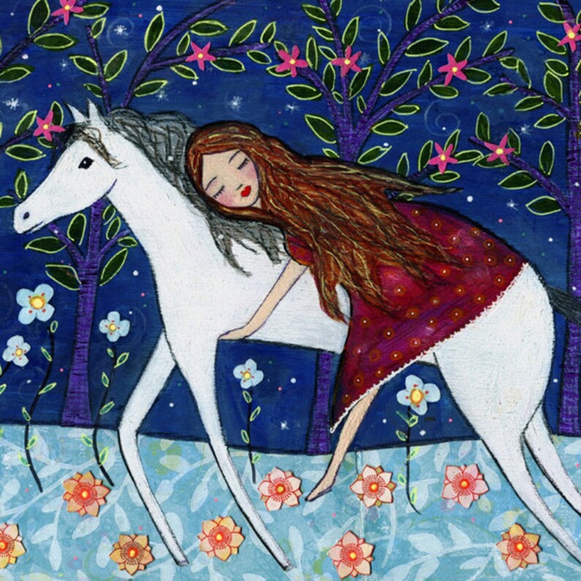 Horse Art Print Girl And Horse Painting Horse Illustration Mixed Media Girl And Horse Painting For Children Decor - Image 2