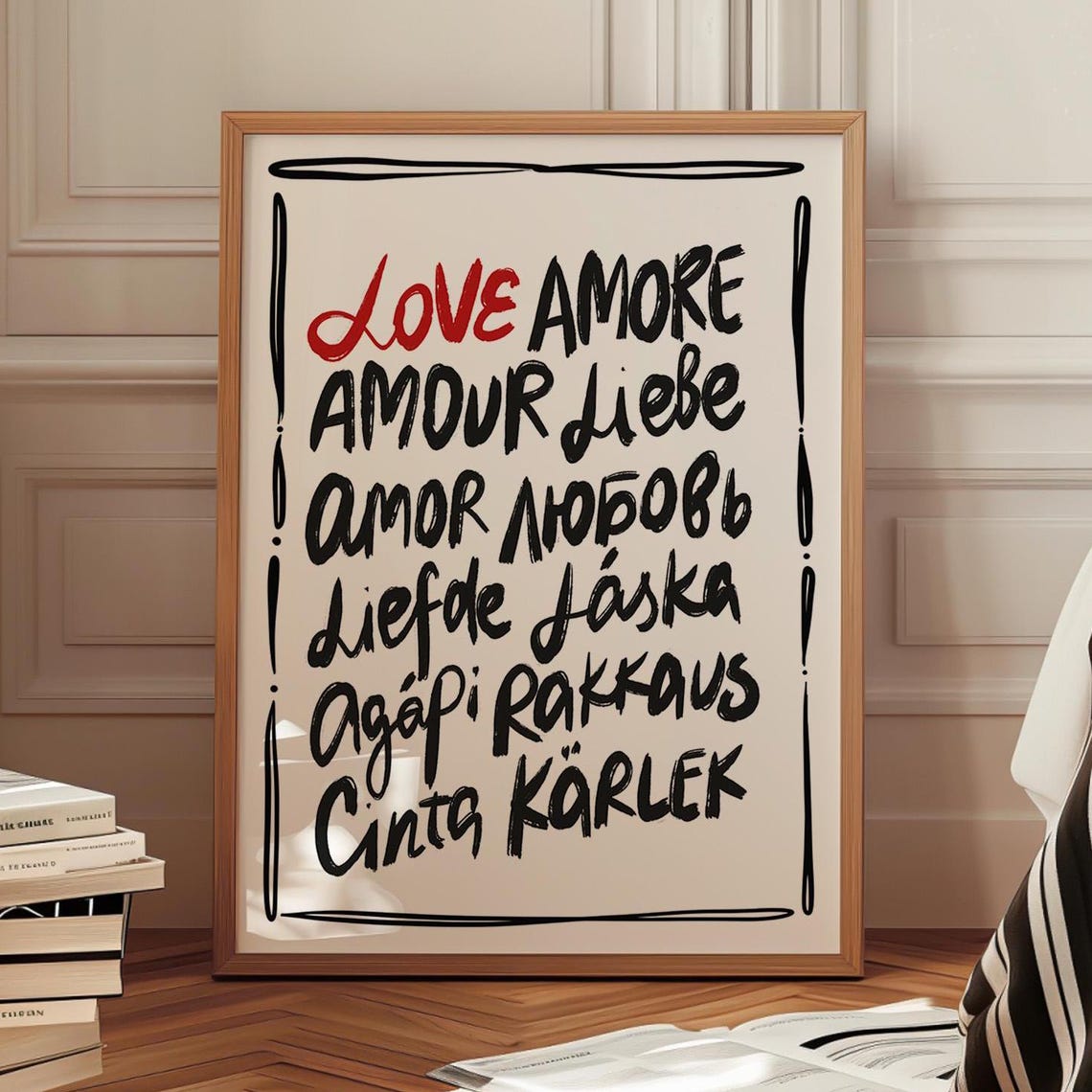 Love in Twelve Languages Retro Typography Multilingual Wall Art