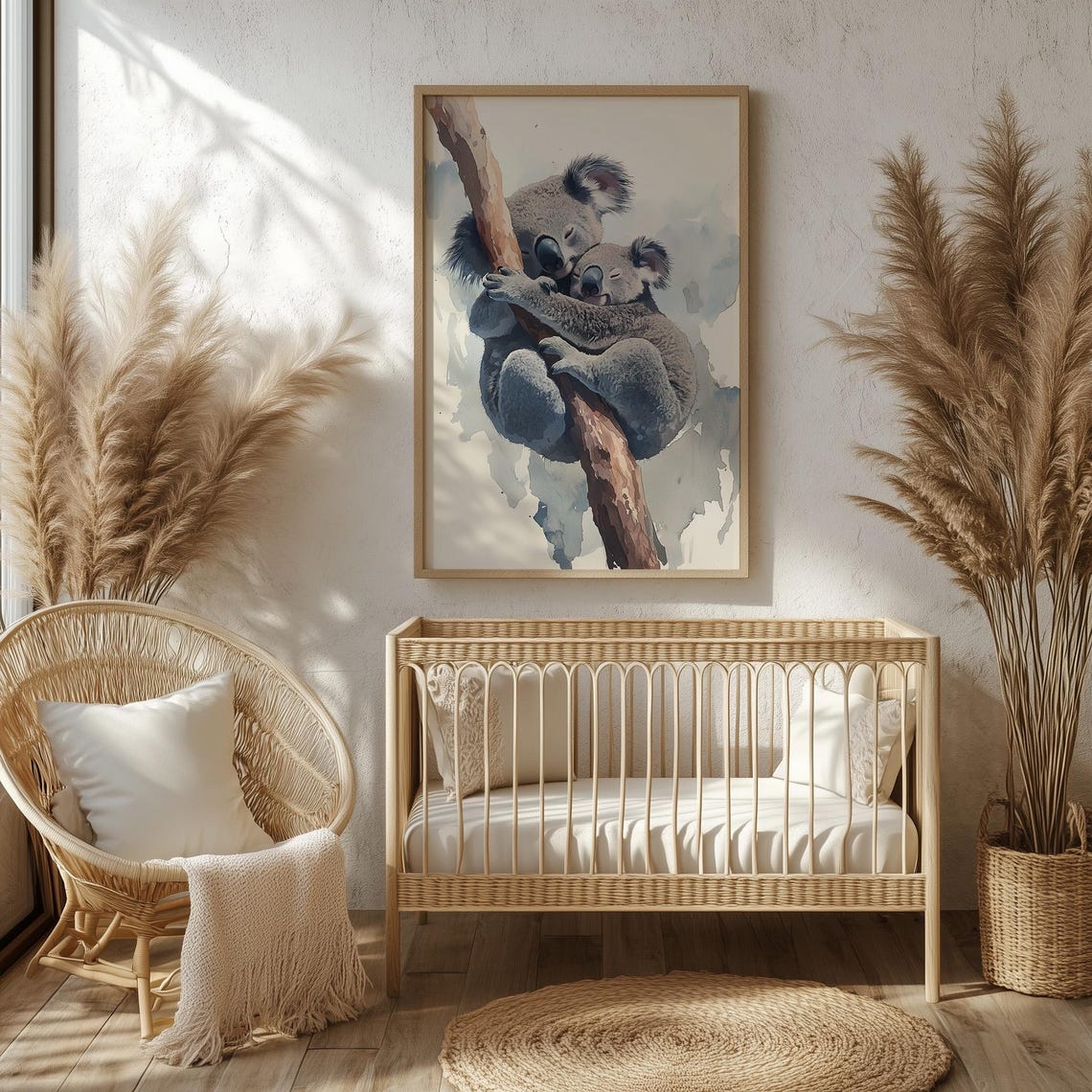 Mother And Baby Koala Hugging On Branch Watercolor Nursery Wall Art