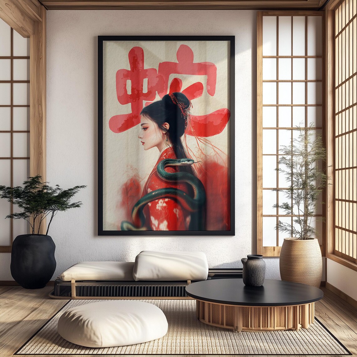 Year Of The Snake Woman In Red Robe With Green Snake Art Print - Image 4