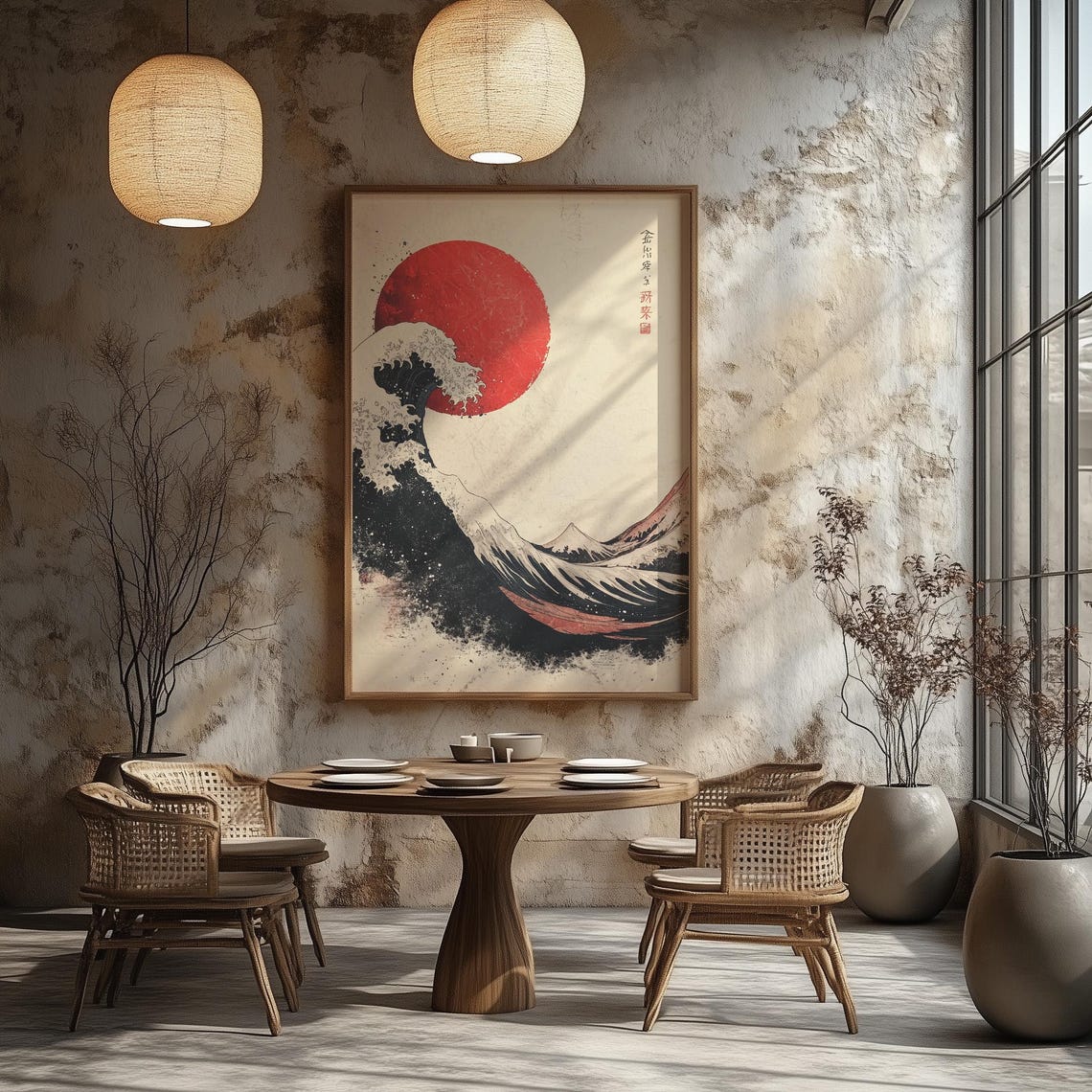 Great Wave Style Japanese Ink Art With Red Sun Japandi Wall Art