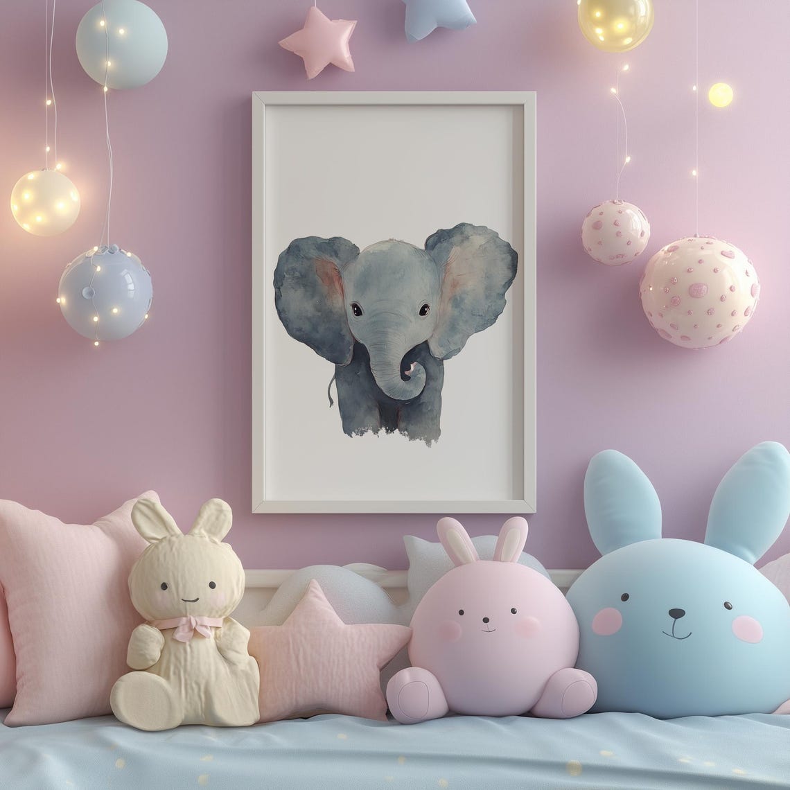 Cute Baby Elephant Watercolor Portrait Soft Gray Nursery Wall Art - Image 2