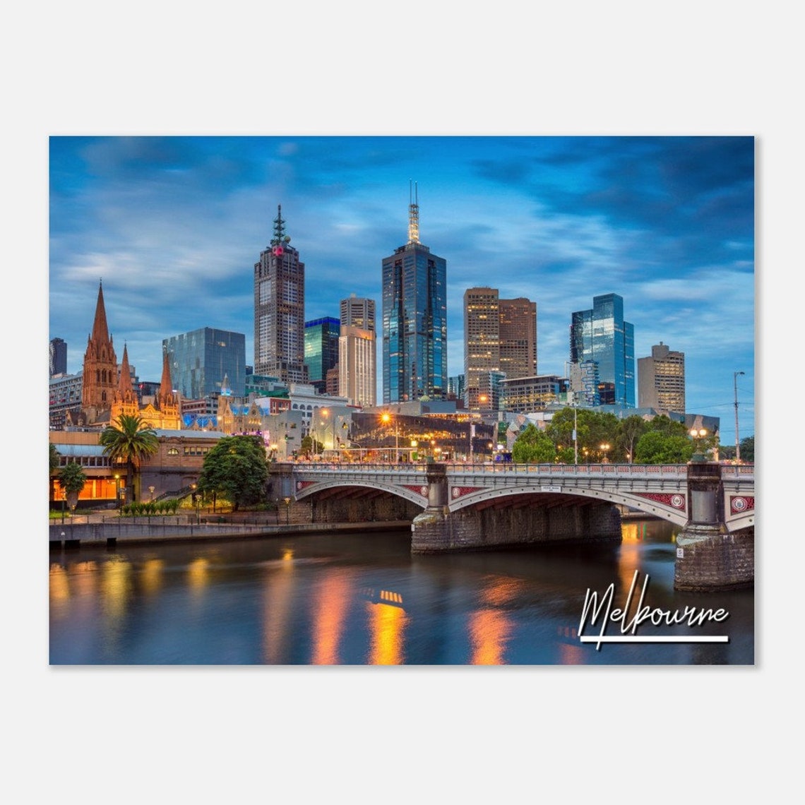 Melbourne Australia City Dusk Skyline River Bridge Travel Poster