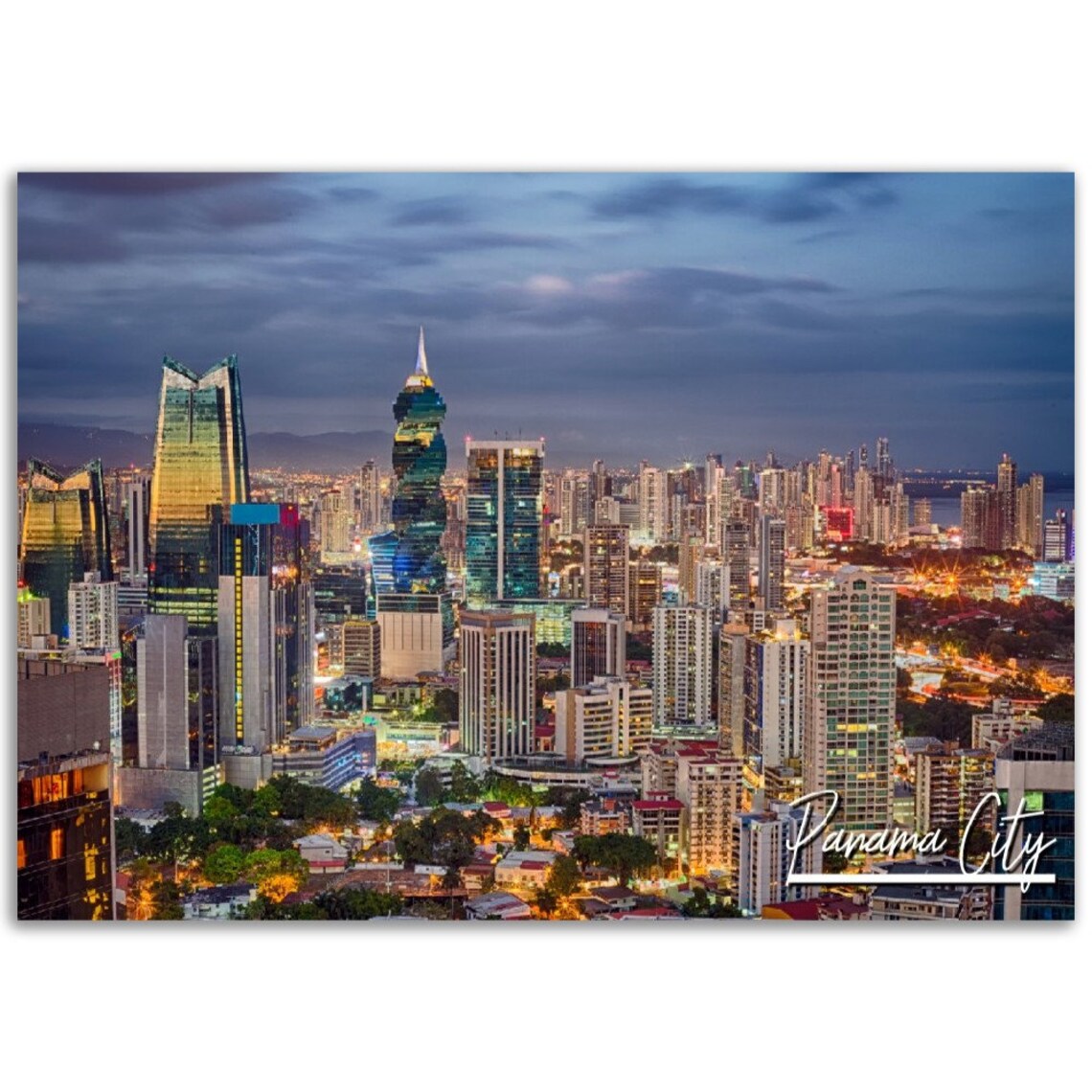 Panama City Skyline At Night Modern Cityscape Travel Art Poster