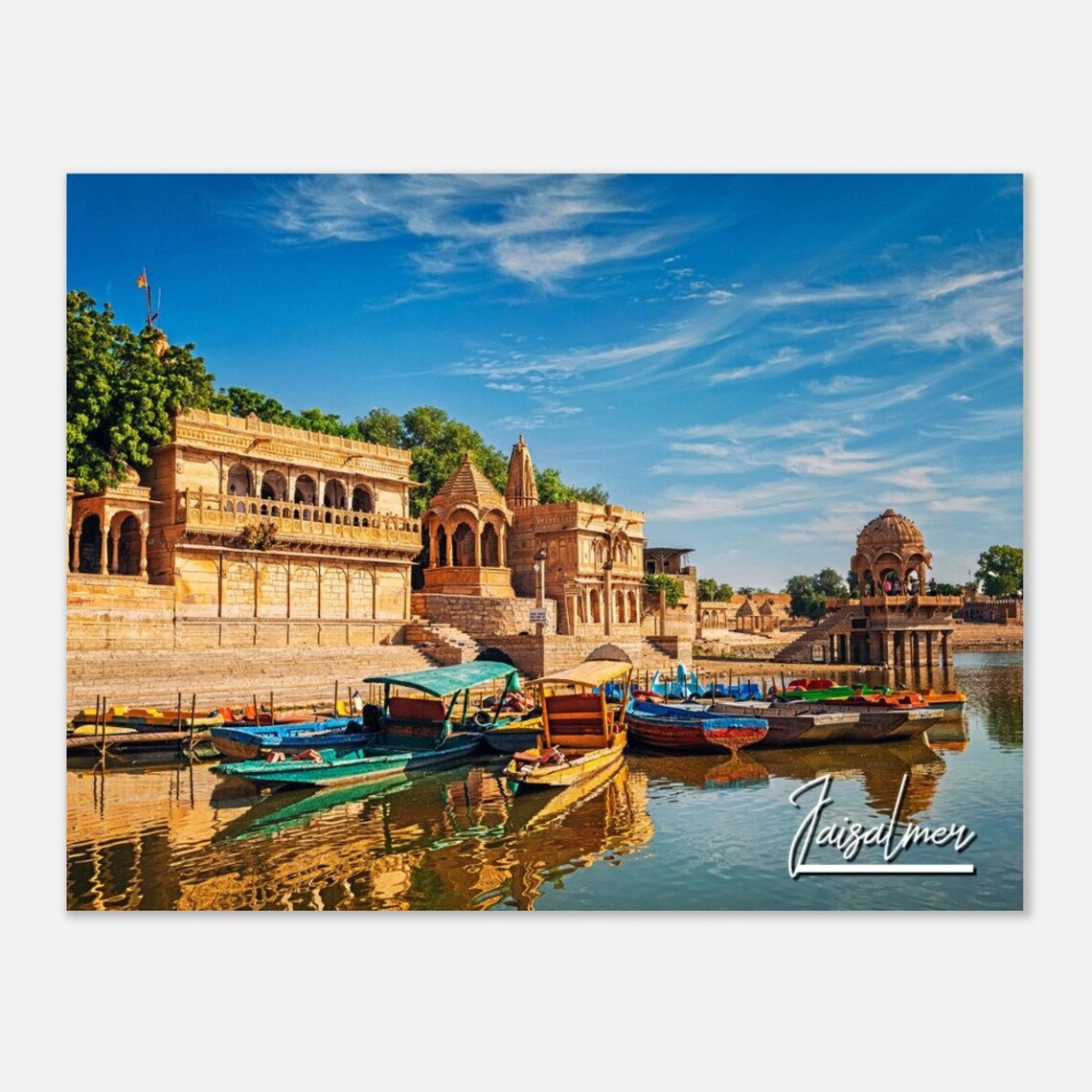 Jaisalmer Gadi Sagar Lake Boats Golden Temples India Travel Poster