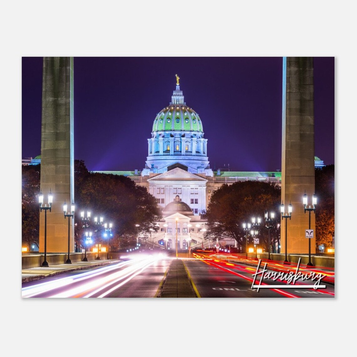 Harrisburg Pennsylvania State Capitol Night Dome City Skyline Travel Poster
