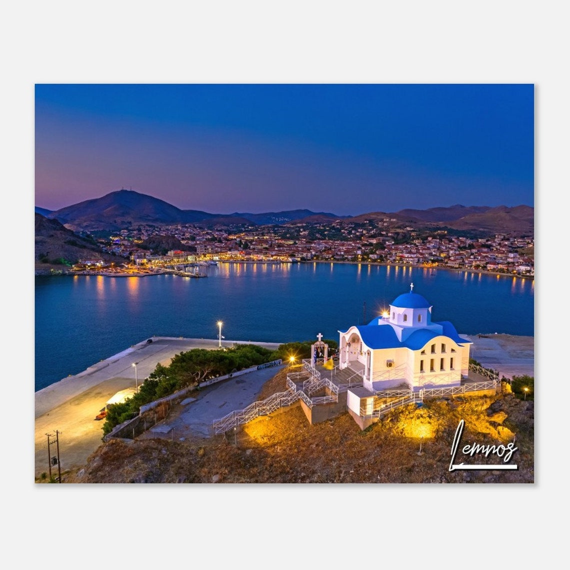 Lemnos Greece Blue Domed Chapel Over Moonlit Night Harbor Poster