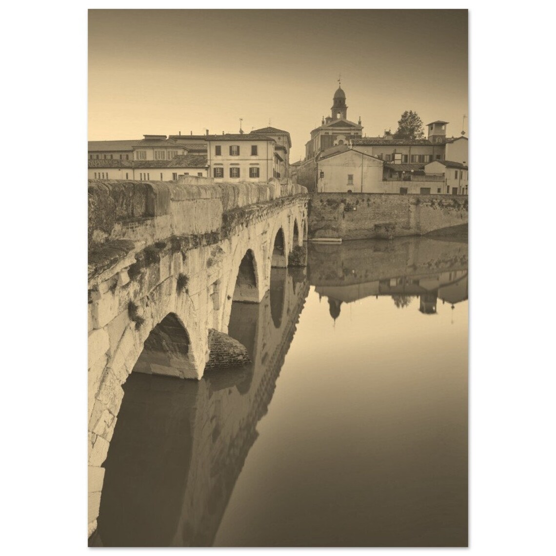 Rimini Italy Stone Bridge Sepia River Old Town Travel Poster
