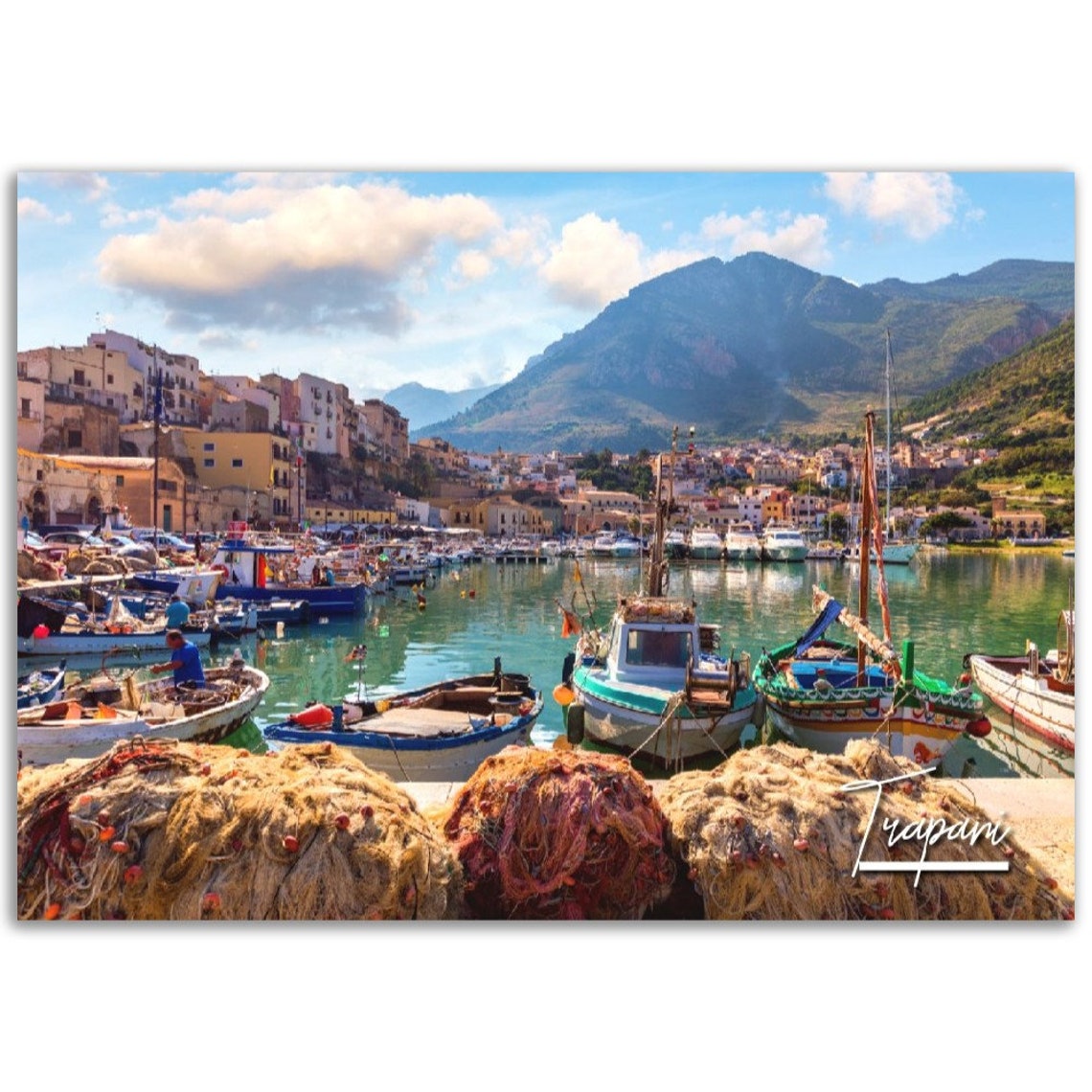 Trapani Sicily Fishing Boats Harbor Nets Mountain View Poster