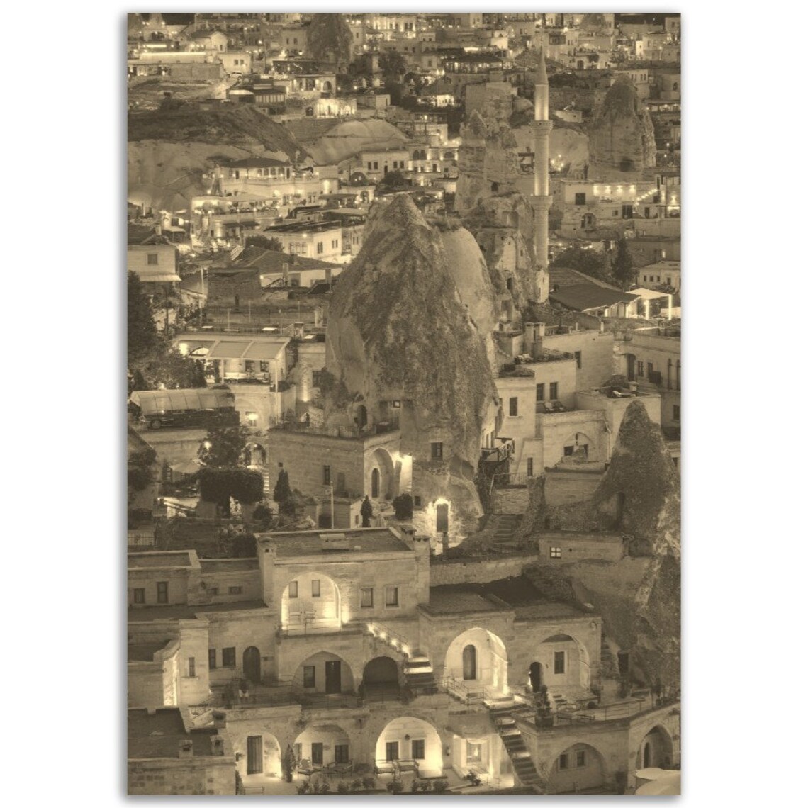 Cappadocia Turkey Vintage Sepia Cave Town Night Lights Photo Poster