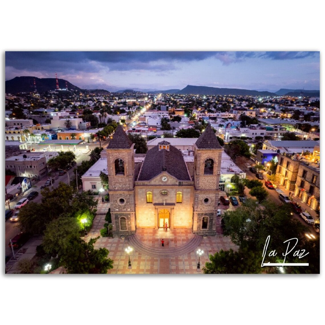 La Paz Mexico Glowing Night Coastal Church Cityscape Travel Poster