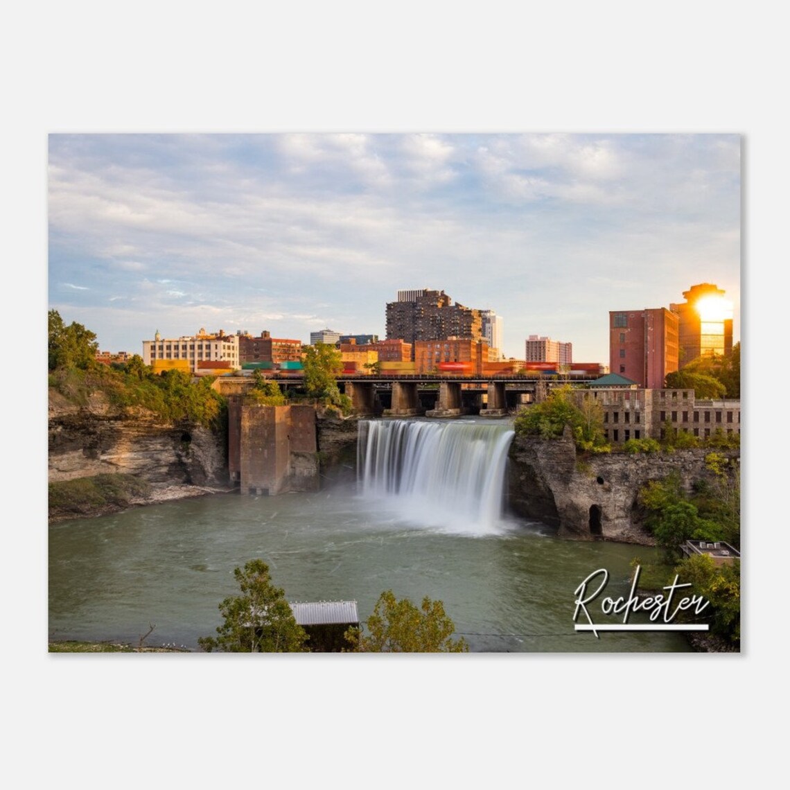 Rochester New York High Falls Waterfall City Skyline Sunset Poster