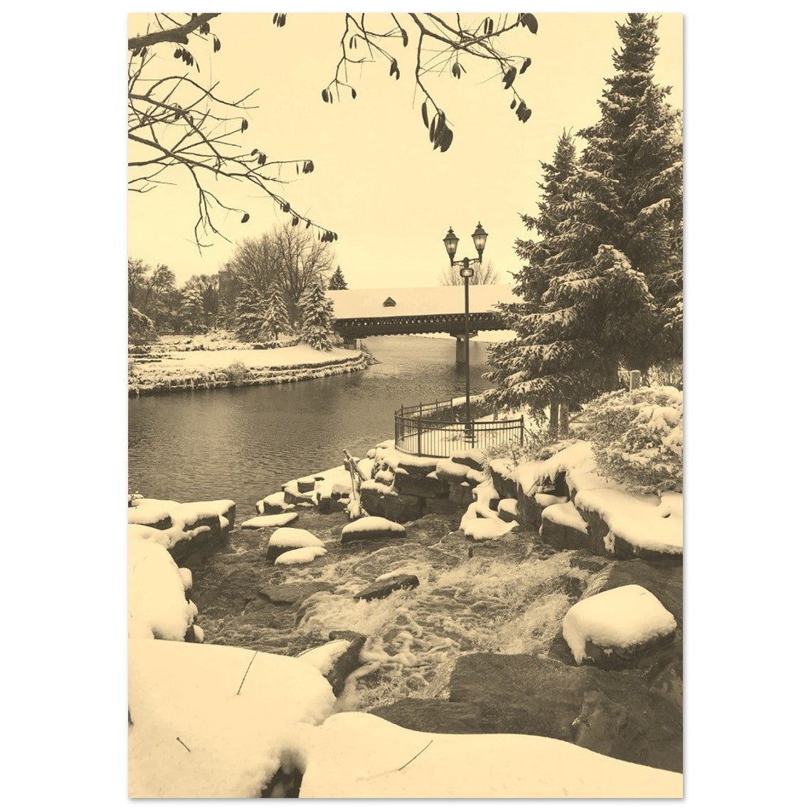 Frankenmuth Winter River Snow Covered Bridge Sepia Photo Poster