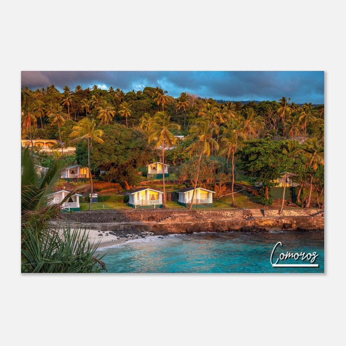 Comoros Island Tropical Beach Bungalows Sunset Travel Poster