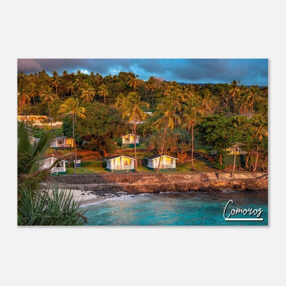 Comoros Island Tropical Beach Bungalows Sunset Travel Poster