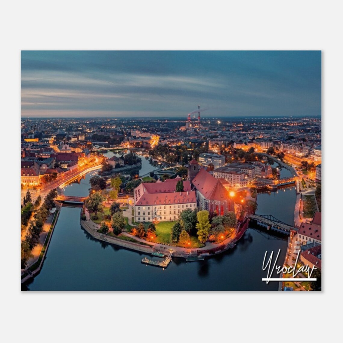 Wroclaw Poland Night Aerial Cathedral Island City Lights Poster