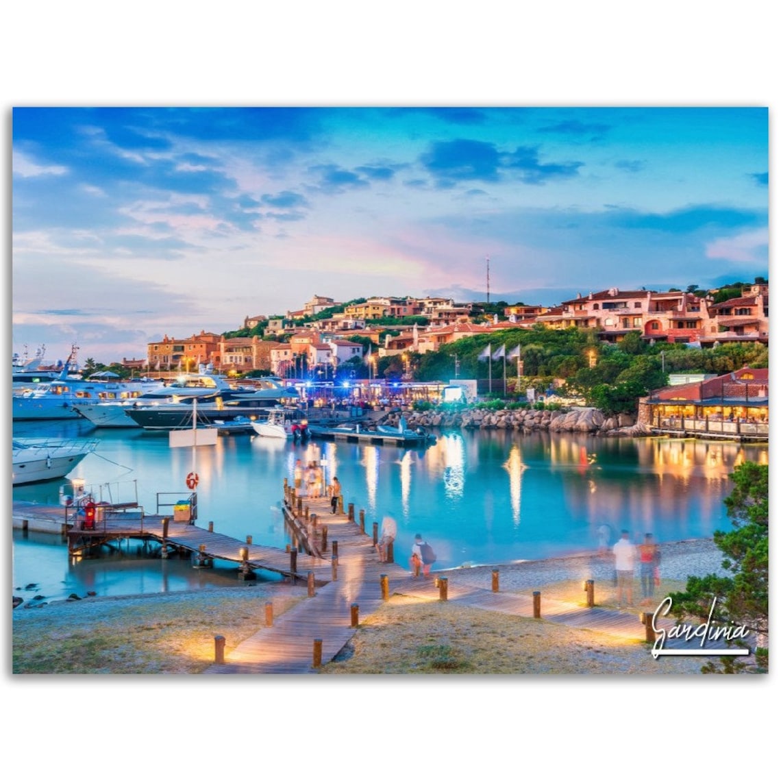 Sardinia Italy Harbor Dusk Boats Waterfront Hillside Town Poster