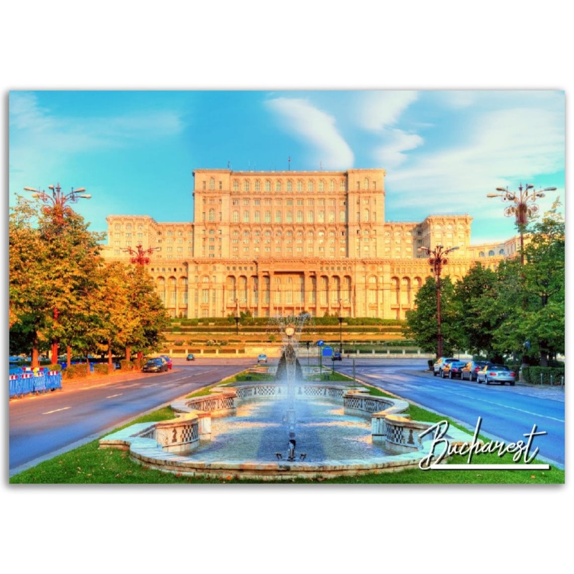 Bucharest Romania Palace of Parliament Fountain City Travel Poster
