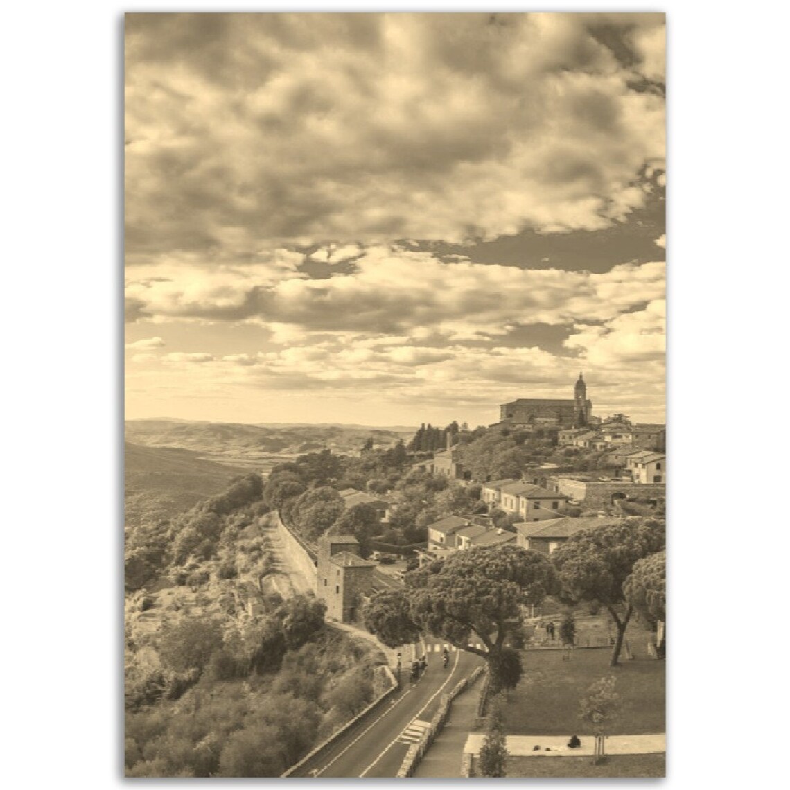 Sepia Vintage Old World Stone Hillside Village Landscape Poster