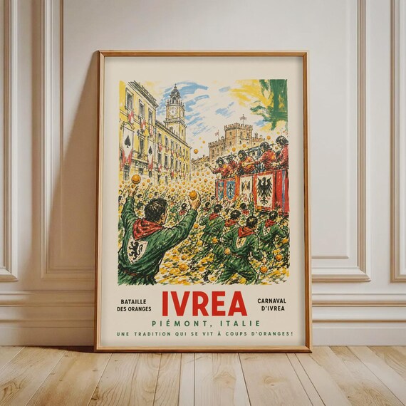 Ivrea Orange Festival Print Italian Carnival Vintage Travel Poster Pimont Italy Wall Art European Decor