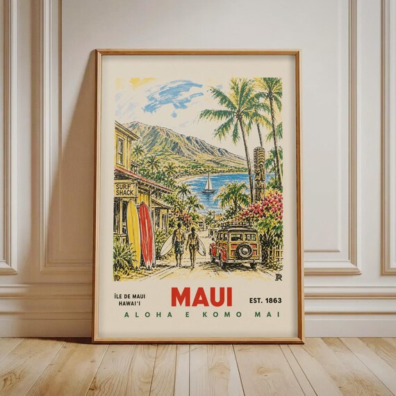 Maui Hawaii Print Vintage Surf Travel Poster Retro Beach Wall Art Coastal Home Decor Tropical Island Illustration