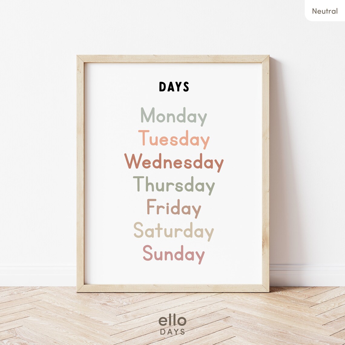 Days Of The Week Chart In Neutral Tones Kids Classroom Poster