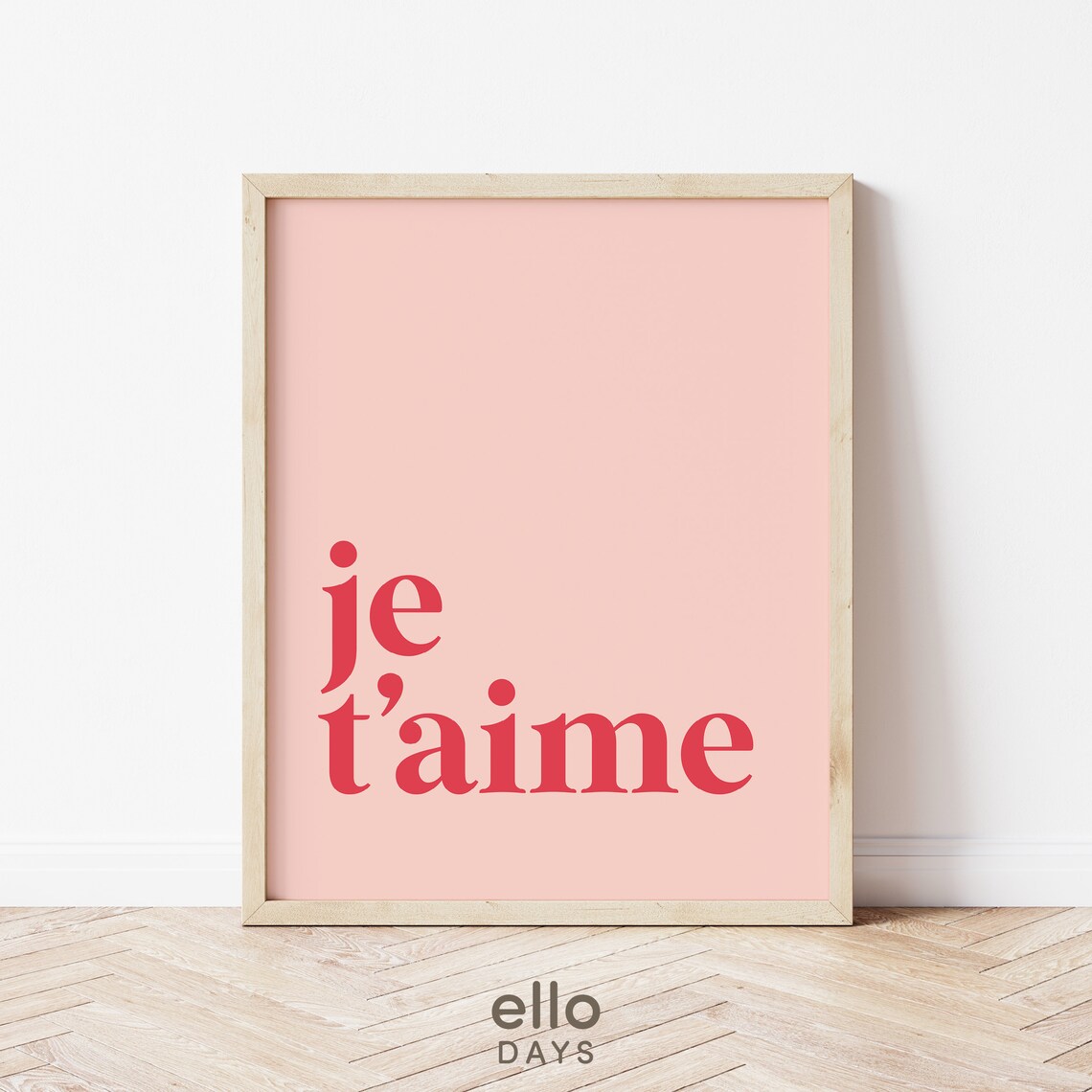 Je Taime Blush Pink French Typography Romantic Bedroom Wall Art