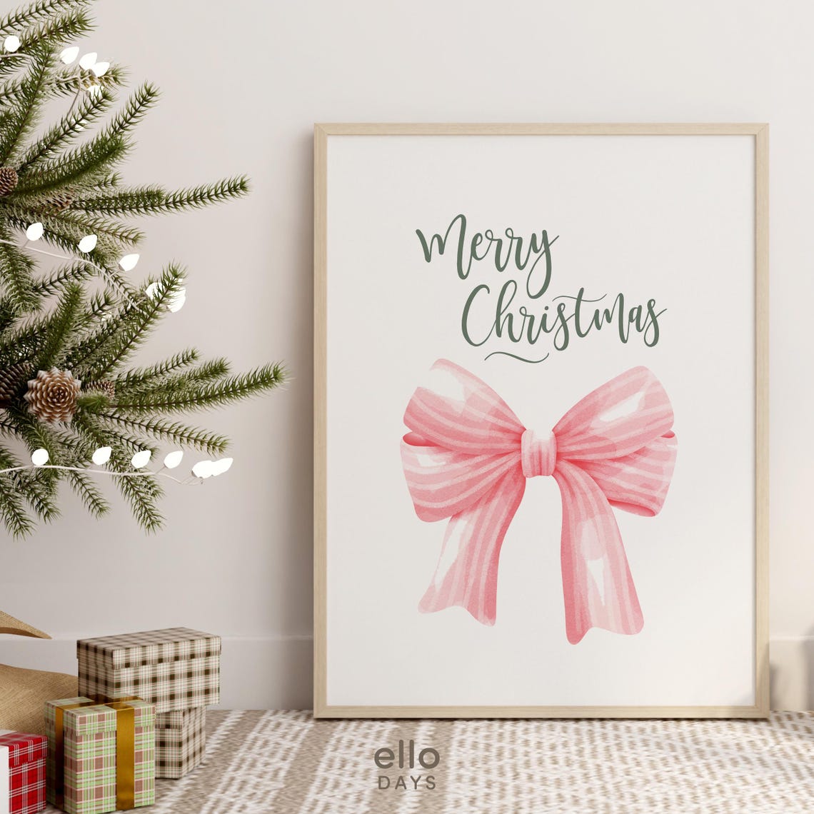 Merry Christmas Pink Watercolor Bow Calligraphy Holiday Poster - Image 3