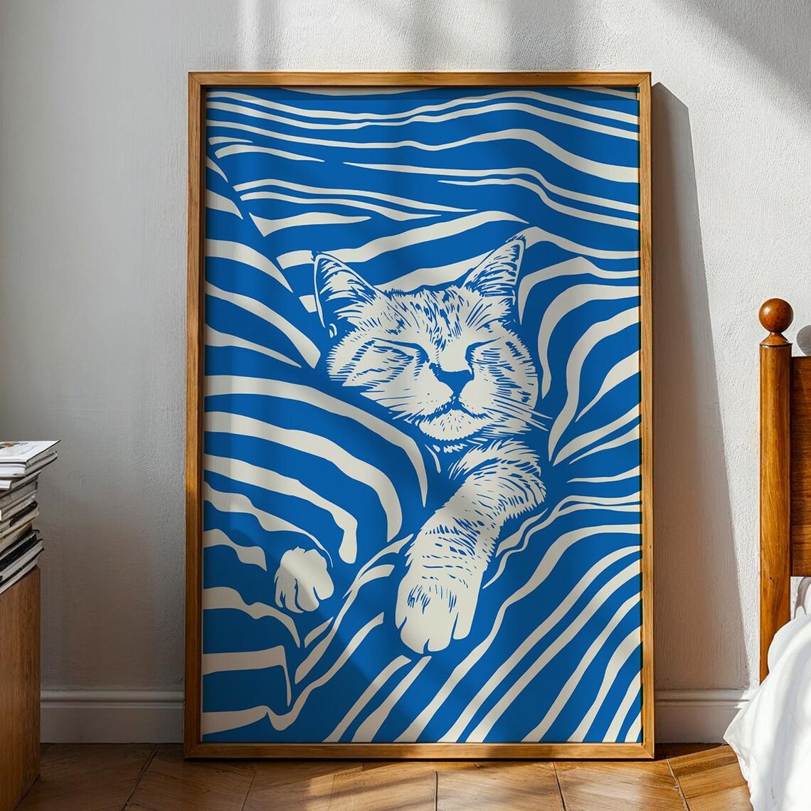 Blue Cat Funny Retro Poster, Cozy Bedroom Decor