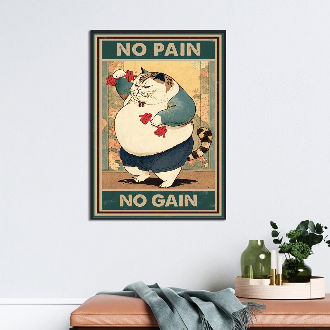 Funny No Pain No Gain Cat Powerlifting Art Print - Image 3