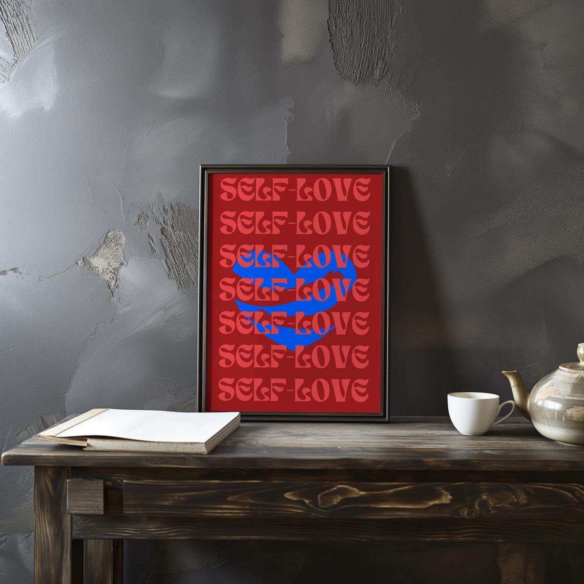 Self Love Repeated Pink Groovy Typography Blue Heart Wall Poster