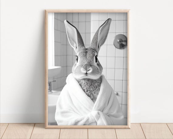 Bunny Wearing A Bathrobe Poster Or Canvas Funny Bathroom Wall Art Cute Animals In Kids Laundry Room Decor Rabbit Print