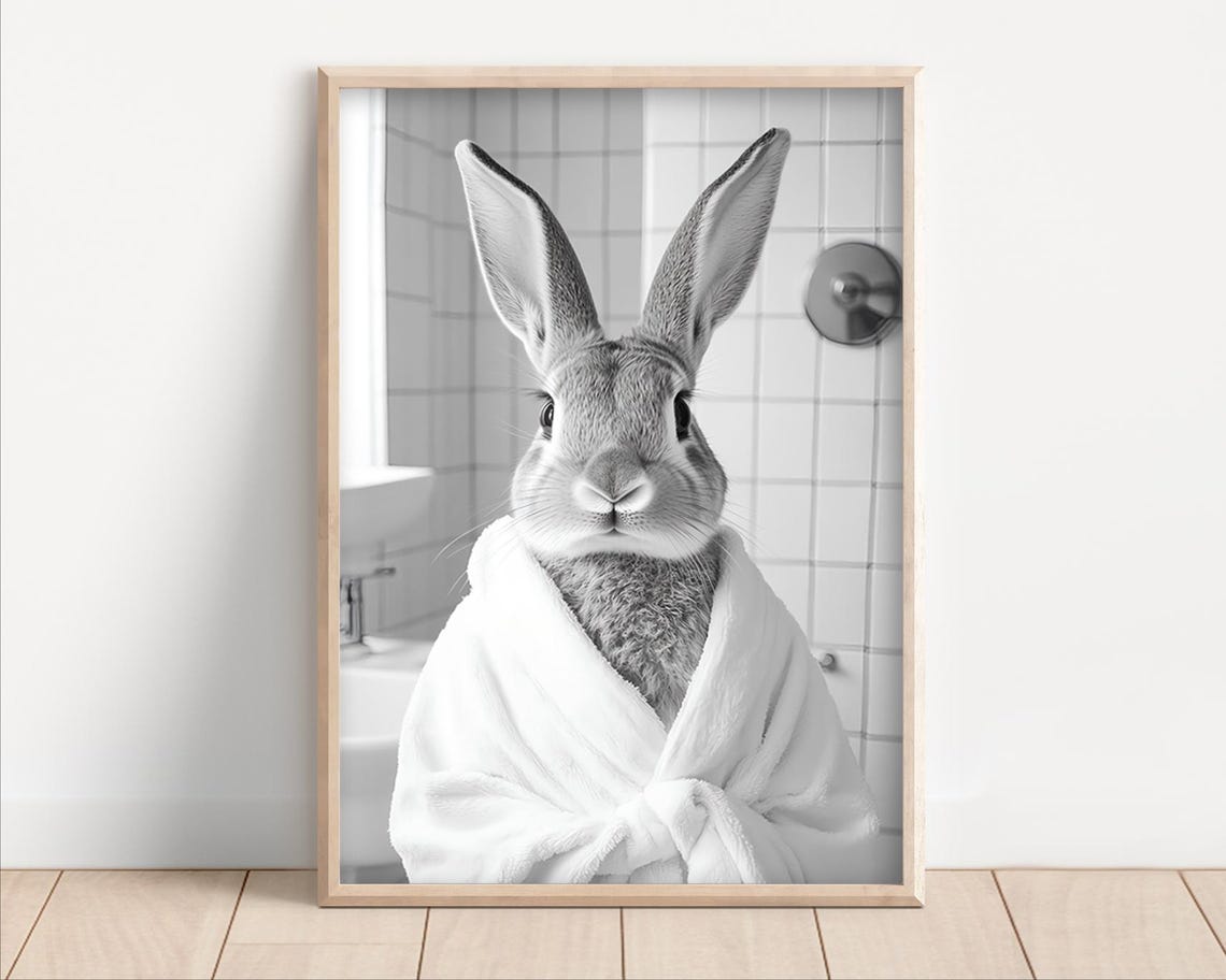Bunny Wearing A Bathrobe Poster Or Canvas Funny Bathroom Wall Art Cute Animals In Kids Laundry Room Decor Rabbit Print