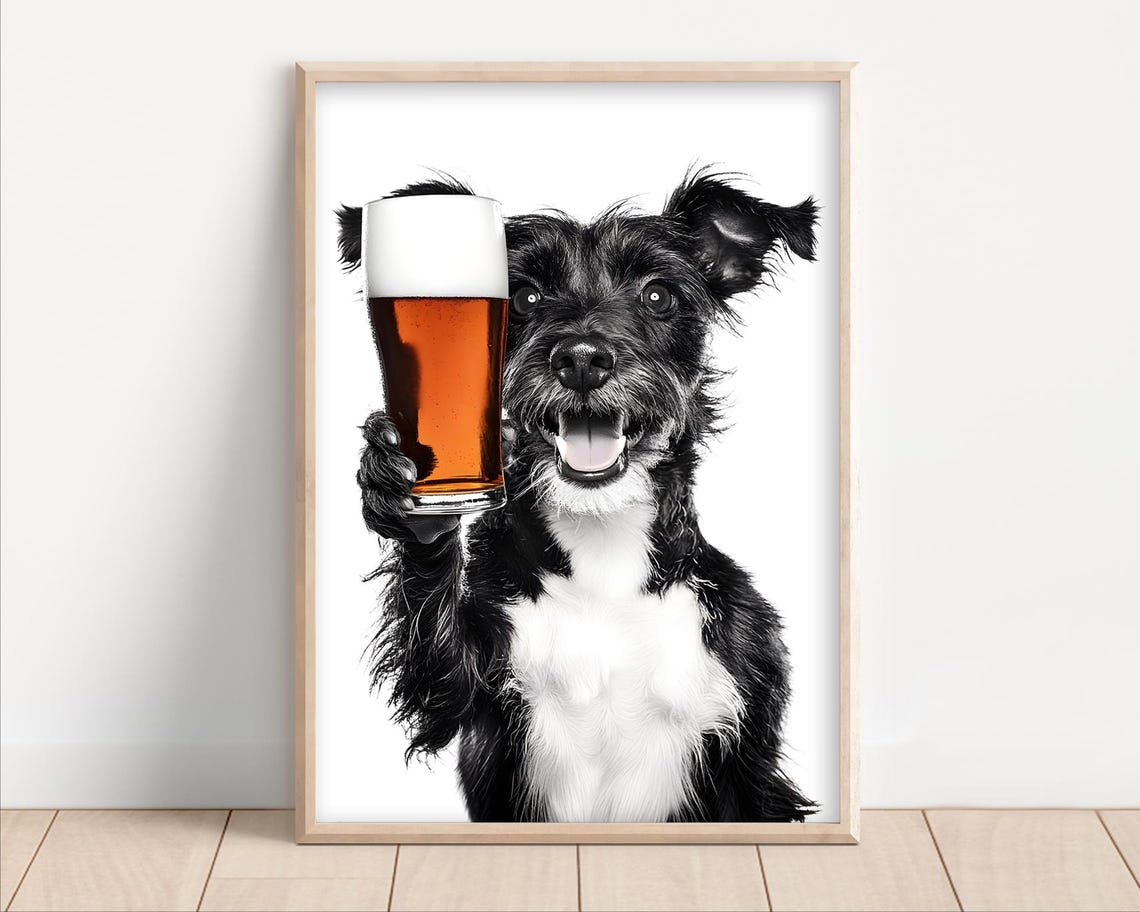 Happy Terrier Dog Holding a Beer Pint Glass Funny Bar Wall Poster