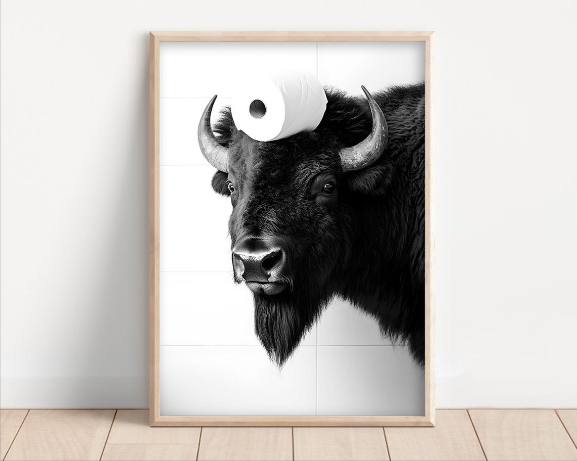 Funny Bison with Toilet Paper Roll on Horns Black and White Poster