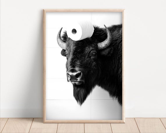 Bison With Toilet Paper On Poster Or Canvas Funny Bathroom Wall Art Kids Laundry Room Decor Animal Humor Photo Cute Print