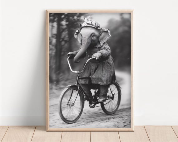 Elephant Riding A Bike Poster Or Canvas Funny Animal Wall Art Retro Vintage Style Home Decor Cute Kids Nursery Room Print Quirky Humor
