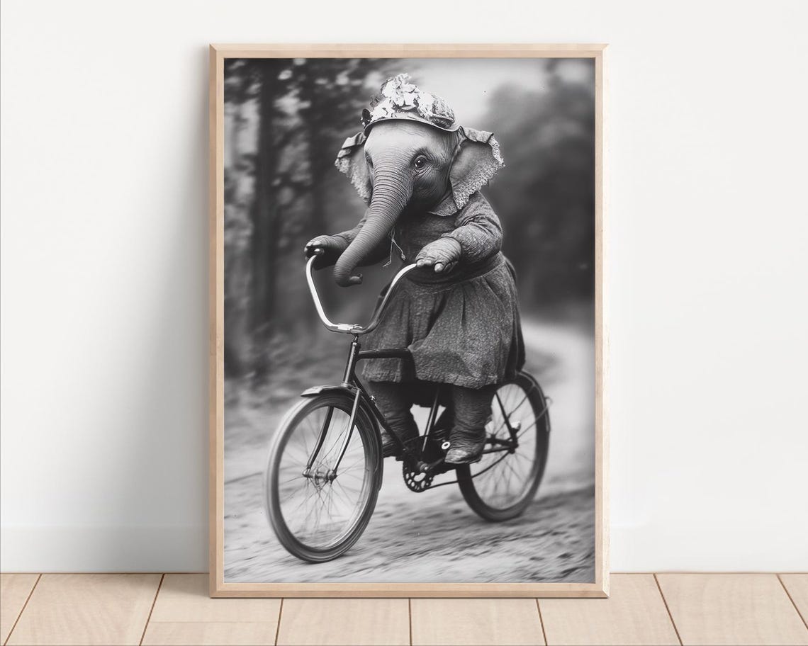 Elephant Riding Bicycle Vintage Dress Forest Path Black White Poster
