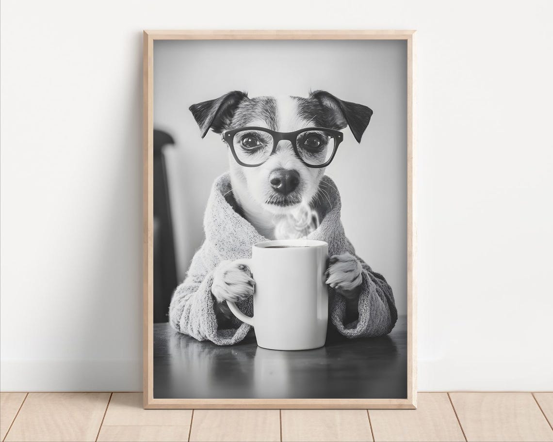 Funny Jack Russell Terrier In Glasses Holding Coffee Mug Poster