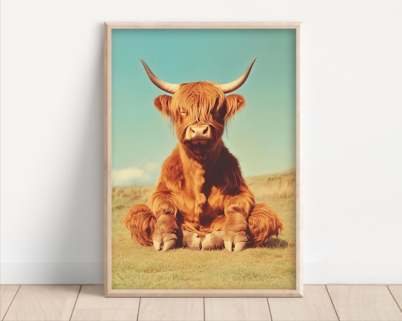 Meditating Highland Cow Lotus Pose Green Field Yoga Funny Poster