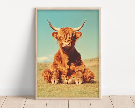 Yoga Highland Cow Poster Or Canvas Funny Wall Art Meditation Cute Kids Nursery Room Decor Retro Zen Quirky Animal Humor Print