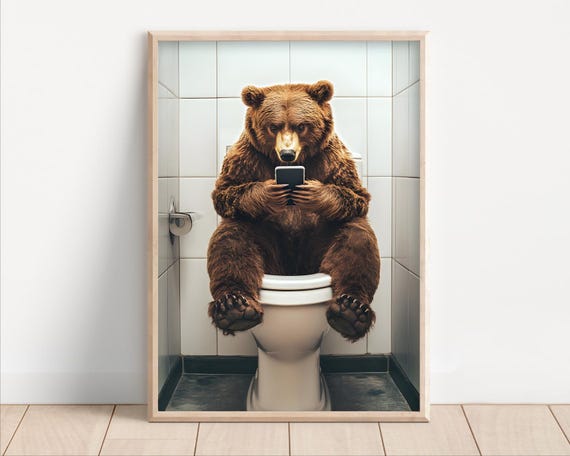 Bear Sitting on the Toilet, Vintage Style Animal Print