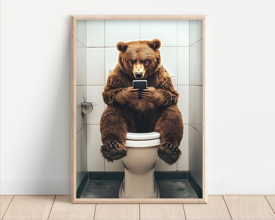 Bear Sitting on the Toilet, Vintage Style Animal Print