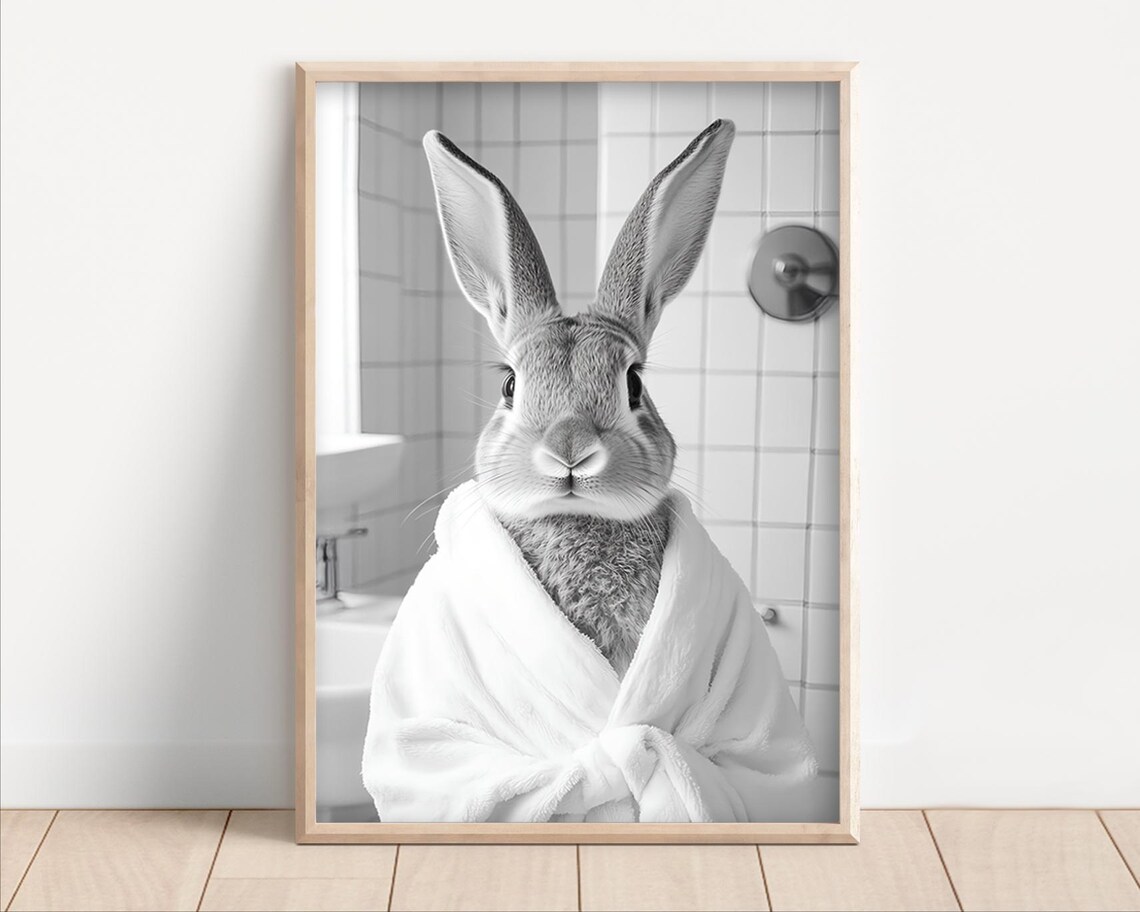 Bunny Wearing A Bathrobe Poster Or Canvas Funny Bathroom Wall Art Animals In Cute Laundry Room Decor Rabbit Print