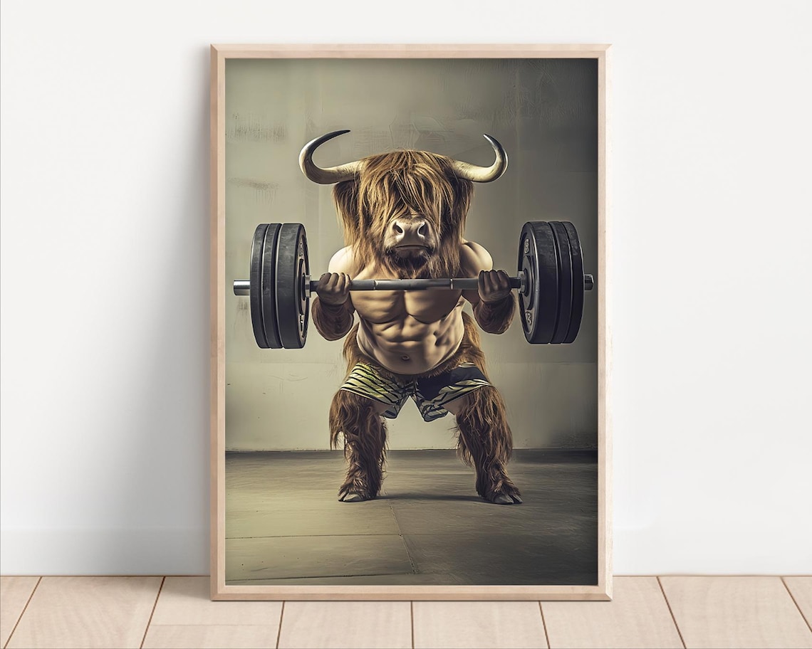 Highland Cow Lifting Weights Funny Gym Wall Art Print