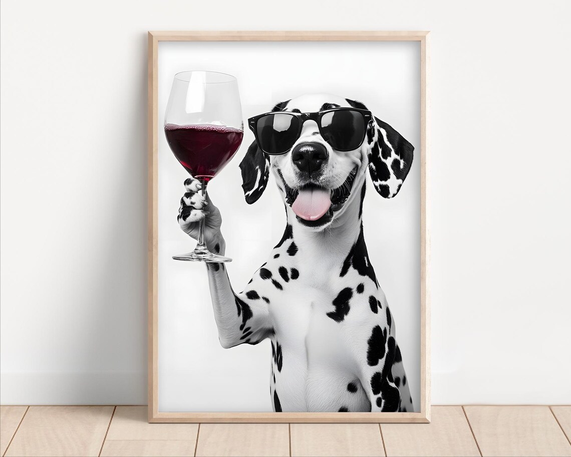 Dalmatian Wine Glass Poster Funny Dog Sunglasses Black and White Decor