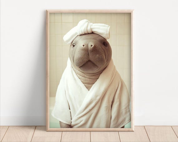 Manatee Wearing A Bathrobe Poster Or Canvas Funny Bathroom Wall Art Kids Cute Laundry Room Decor Bath Towel On Animal Humor Photo