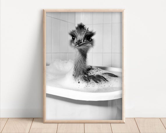 Emu Taking A Bubble Bath Poster Or Canvas Funny Bathroom Wall Art Animals In Bathtub Cute Kids Laundry Room Decor Print