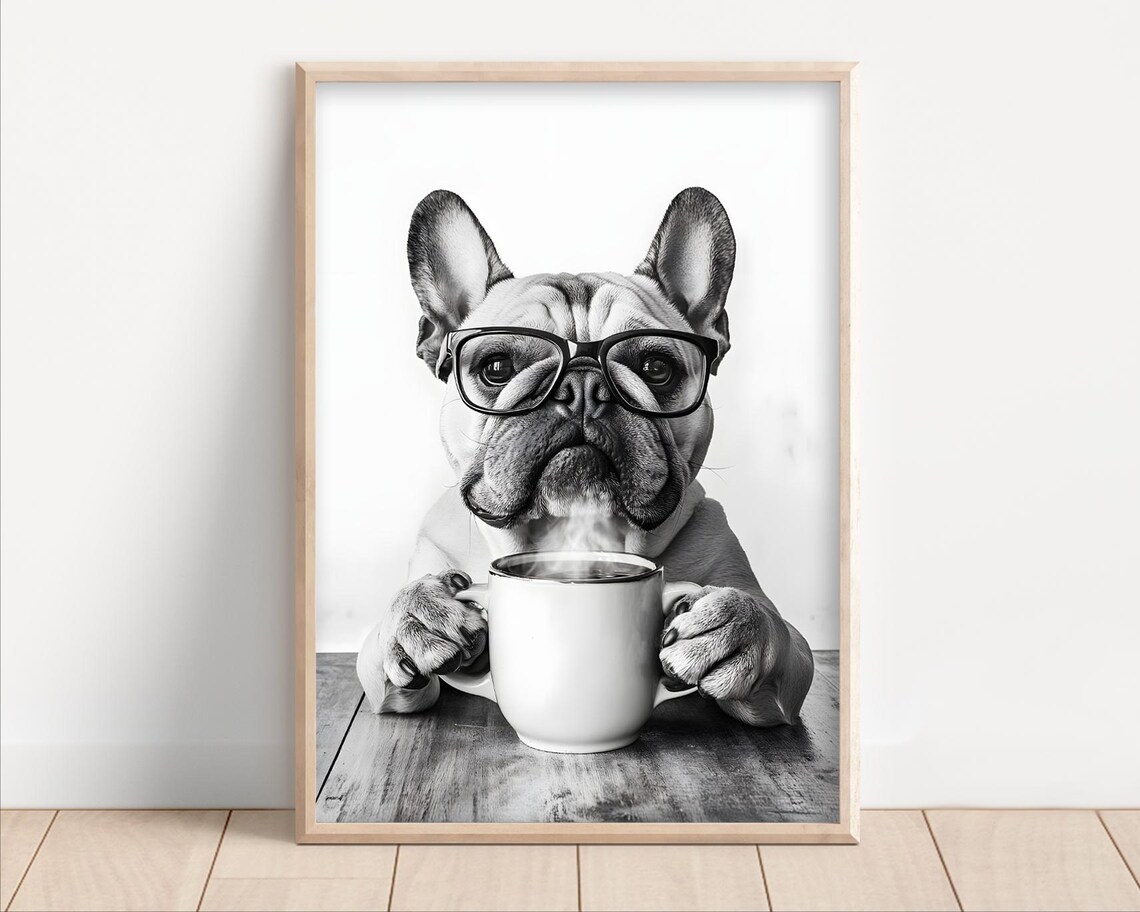 French Bulldog With Glasses Holding Coffee Black and White Wall Art