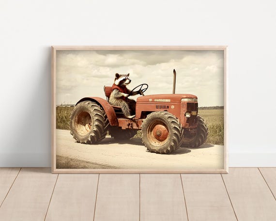 Raccoon Driving A Tractor Poster Canvas Funny Farm Animal Wall Art Vintage Style Retro Kids Nursery Room Cute Rustic Farmhouse